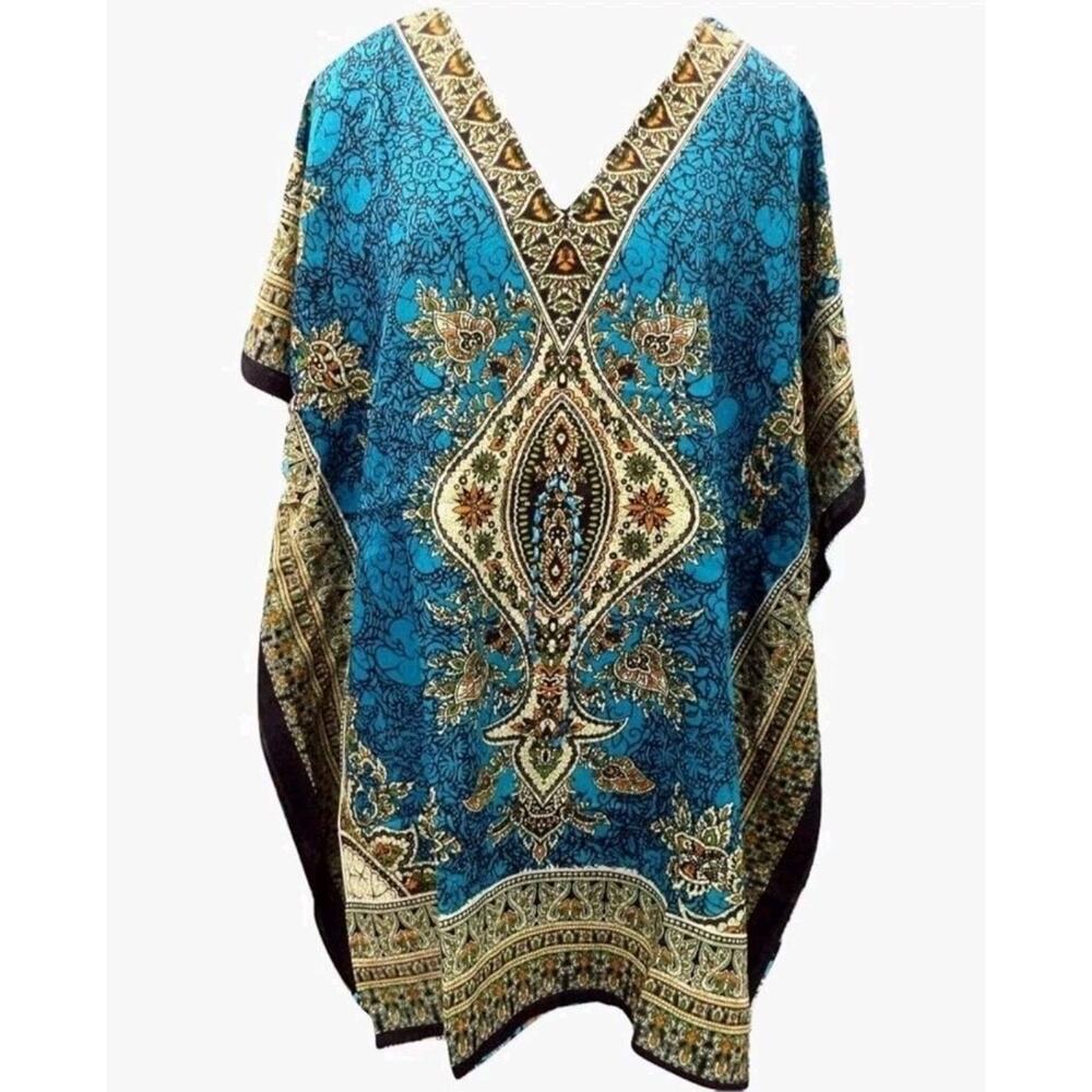 RiSi Bohemian Short Kaftan Dress | Kimono Tunic | Blue & Gold I One Size